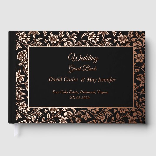 Elegant Premium Black Floral Rose Gold Wedding ゲストブック (正面)