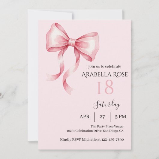 Elegant Preppy Coquette Bow Birthday Party 招待状 (正面)