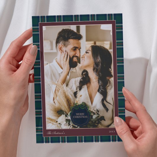 Elegant Preppy Plaid Burgundy Christmas Photo 箔シーズンカード
