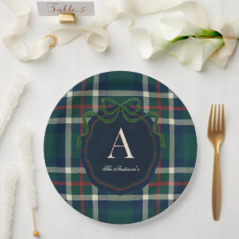 Elegant Preppy Plaid Monogram Christmas ペーパープレート