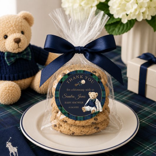 Elegant Preppy Teddy Bear Baby Shower ラウンドシール