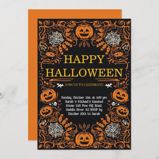 Elegant Pumpkin & Cobweb Halloween Costume Party  招待状 (正面/裏面)