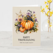 Elegant Pumpkins Floral Photo Happy Thanksgiving カード (黄色い花)