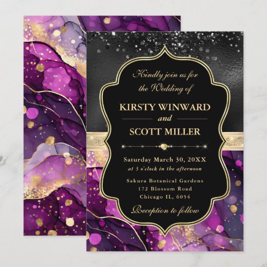 Elegant Purple Agate Black Glitter Wedding 招待状 (正面/裏面)