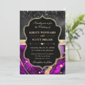 Elegant Purple Agate Black Glitter Wedding 招待状 (スタンド正面)