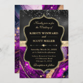 Elegant Purple Agate Black Glitter Wedding 招待状 (正面/裏面)