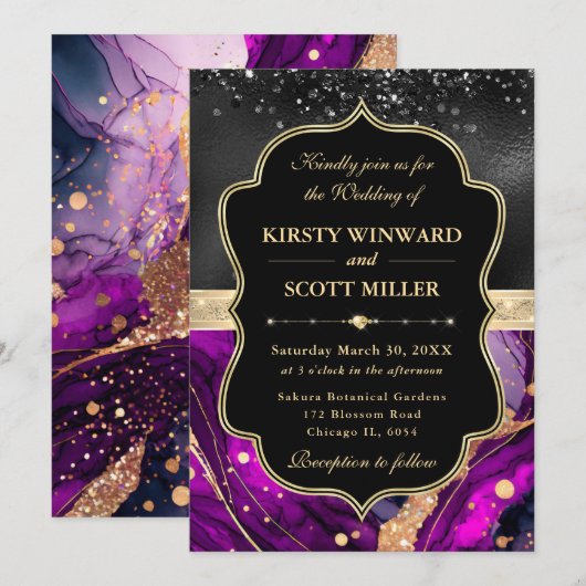 Elegant Purple Agate Black Glitter Wedding 招待状 (正面/裏面)