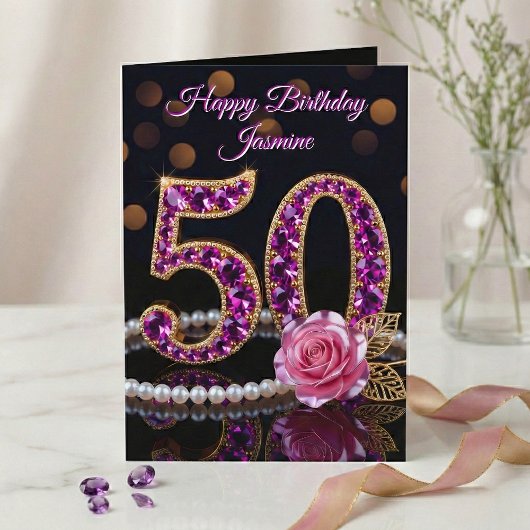 Elegant Purple Amethyst Gold Pearl 50th Birthday カード