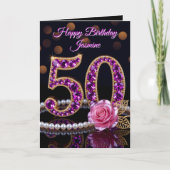 Elegant Purple Amethyst Gold Pearl 50th Birthday カード (正面)