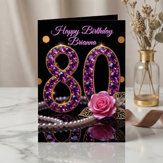 Elegant Purple Amethyst Jewel Gold 80th Birthday カード