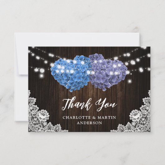 Elegant Purple and Blue Rustic Wood Floral Wedding サンキューカード (正面)