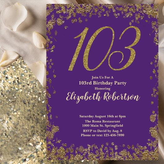 Elegant Purple and Gold 103rd Birthday 招待状