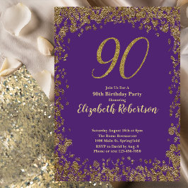 Elegant Purple and Gold 90th Birthday 招待状