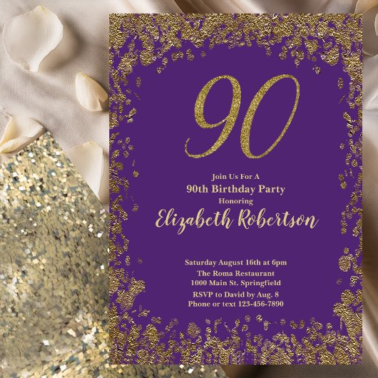 Elegant Purple and Gold 90th Birthday 招待状