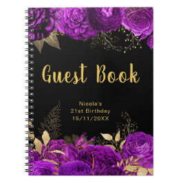 Elegant Purple and Gold Flower Birthday Guest Book ノートブック