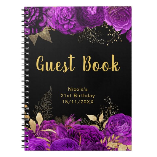 Elegant Purple and Gold Flower Birthday Guest Book ノートブック (正面)