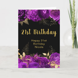 Elegant Purple and Gold Flowers Birthday カード