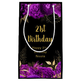 Elegant Purple and Gold Flowers Birthday スモールペーパーバッグ