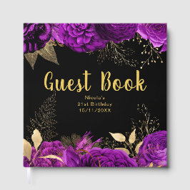 Elegant Purple and Gold Flowers Birthday Party ゲストブック