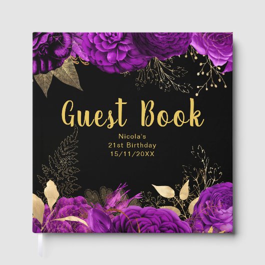Elegant Purple and Gold Flowers Birthday Party ゲストブック (正面)
