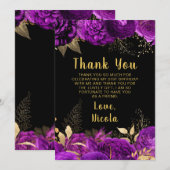 Elegant Purple and Gold Flowers Birthday Party サンキューカード (正面/裏面)