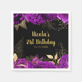 Elegant Purple and Gold Flowers Birthday Party スタンダードカクテルナプキン