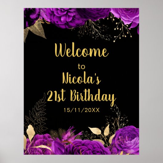 Elegant Purple and Gold Flowers Birthday Party ポスター (正面)