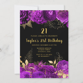 Elegant Purple and Gold Flowers Birthday Party 招待状