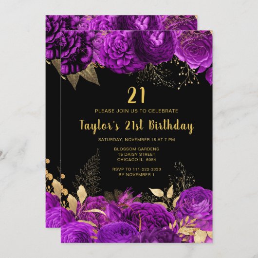 Elegant Purple and Gold Flowers Birthday Party 招待状 (正面/裏面)
