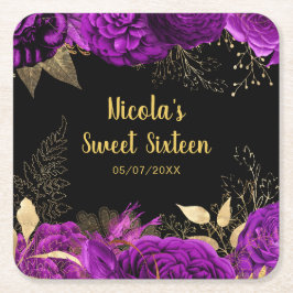 Elegant Purple and Gold Flowers Sweet Sixteen スクエアペーパーコースター
