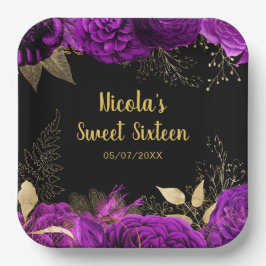 Elegant Purple and Gold Flowers Sweet Sixteen ペーパープレート