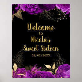 Elegant Purple and Gold Flowers Sweet Sixteen ポスター