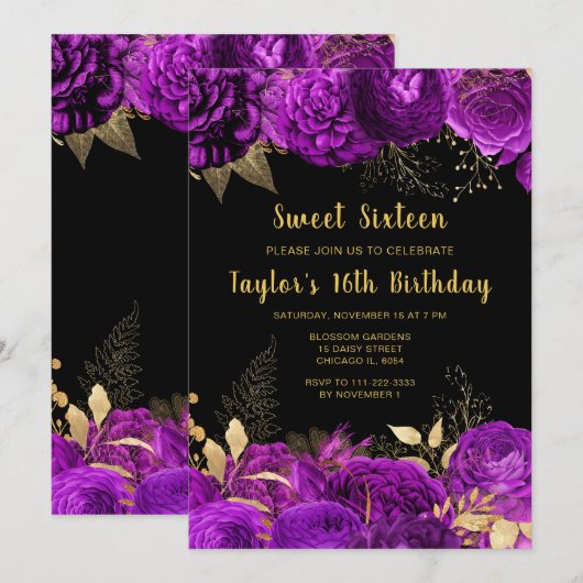 Elegant Purple and Gold Flowers Sweet Sixteen 招待状 (正面/裏面)