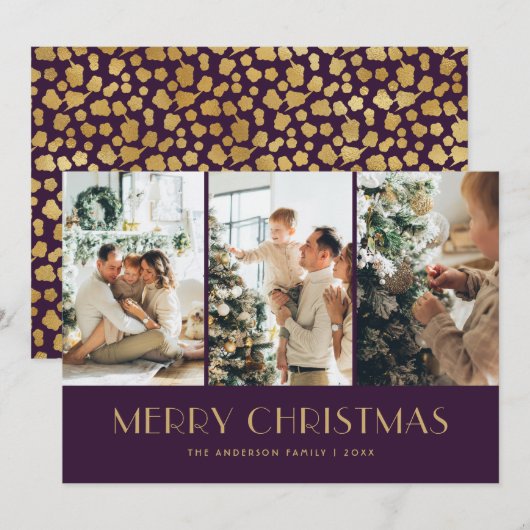 Elegant Purple and Gold Foil Stars Photo Christmas シーズンカード (正面/裏面)