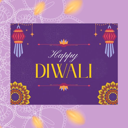Elegant Purple and Gold Lanterns Happy Diwali ポストカード