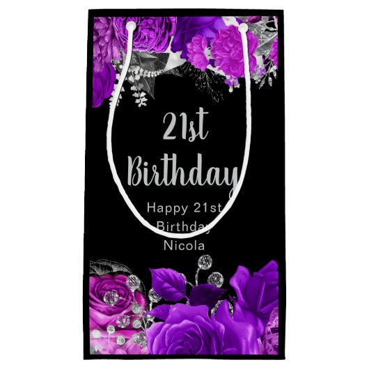 Elegant Purple and Silver Flowers Birthday  スモールペーパーバッグ (正面)