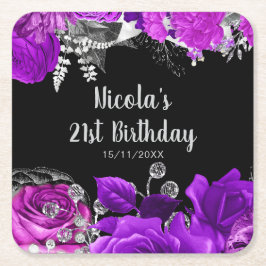 Elegant Purple and Silver Flowers Birthday Party スクエアペーパーコースター