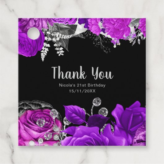 Elegant Purple and Silver Flowers Birthday Party  フェイバータグ (正面)