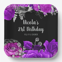 Elegant Purple and Silver Flowers Birthday Party ペーパープレート