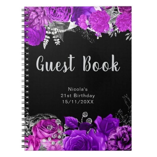 Elegant Purple and Silver Flowers Guest Book ノートブック (正面)