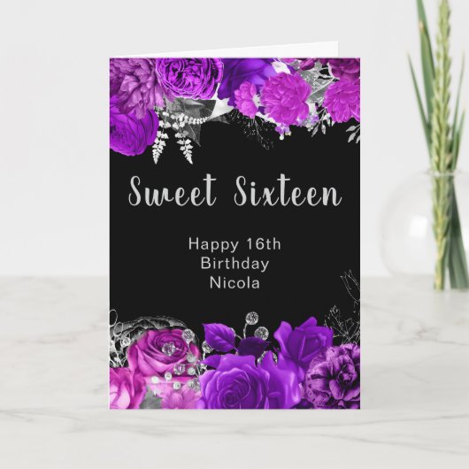 Elegant Purple and Silver Flowers Sweet Sixteen  カード (正面)