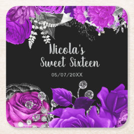 Elegant Purple and Silver Flowers Sweet Sixteen スクエアペーパーコースター