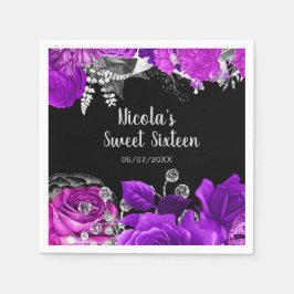 Elegant Purple and Silver Flowers Sweet Sixteen  スタンダードカクテルナプキン