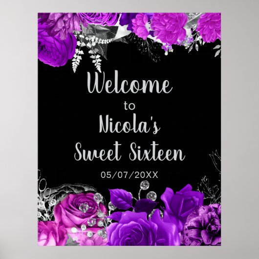 Elegant Purple and Silver Flowers Sweet Sixteen  ポスター (正面)