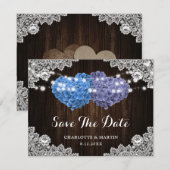 Elegant Purple Blue Floral Lace Wood Wedding セーブザデート (正面/裏面)