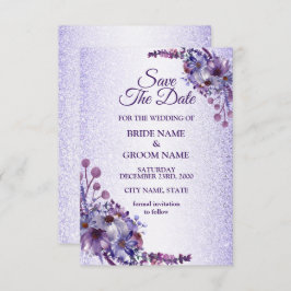 Elegant Purple Blue Pink Floral Glitter Wedding セーブザデート