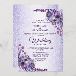 Elegant Purple Blue Pink Floral Glitter Wedding 招待状