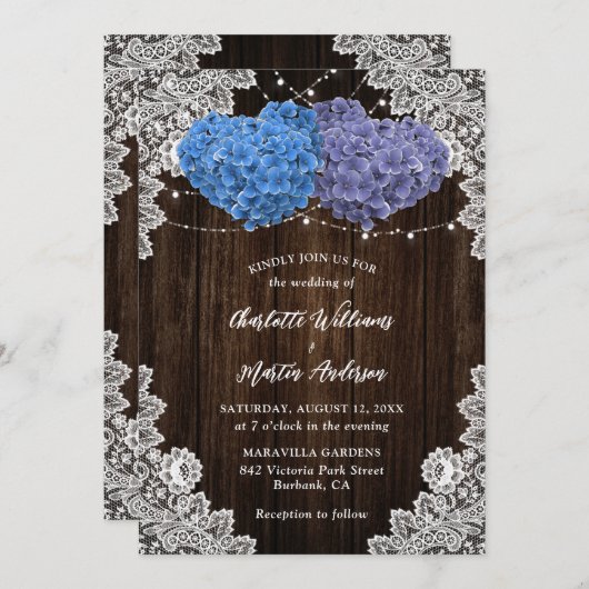 Elegant Purple Blue Rustic Floral Wedding 招待状 (正面/裏面)