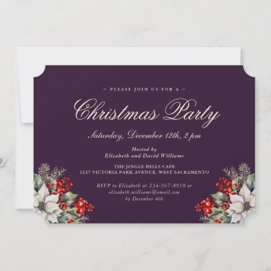 Elegant Purple Botanical Christmas Holiday Party 招待状 (正面)