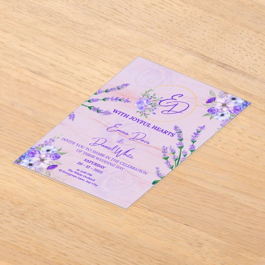 Elegant Purple Botanical Wedding Invitation アクリル招待状 (レイダウン)